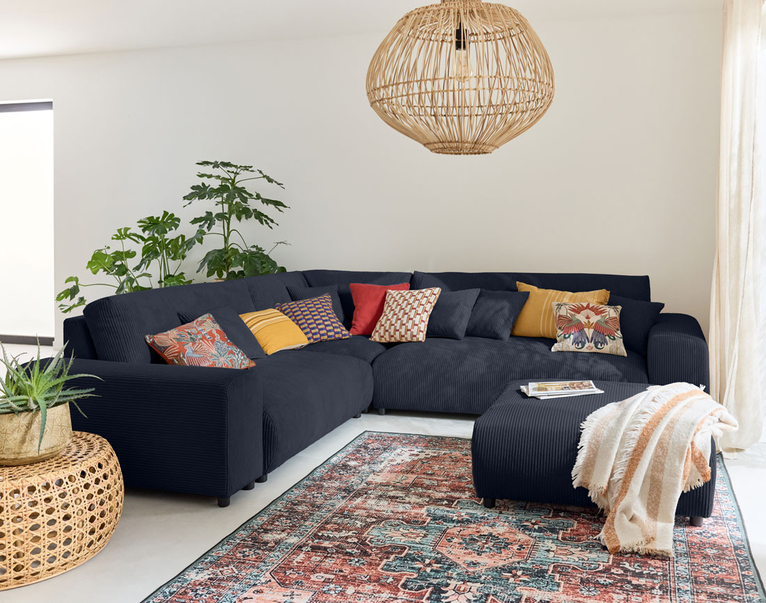 Canapé modulable d'angle gauche 5 places en velours côtelé Garance