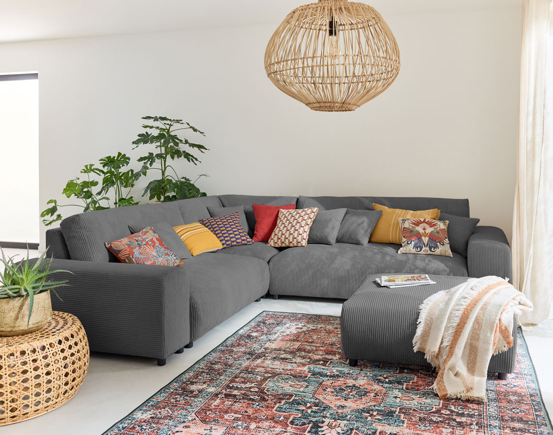 Canapé modulable d'angle gauche 5 places en velours côtelé Garance