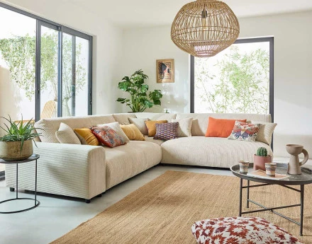 Canapé modulable d'angle droit 6 places en velours côtelé Garance