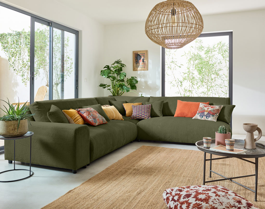 Canapé modulable d'angle droit 6 places en velours côtelé Garance