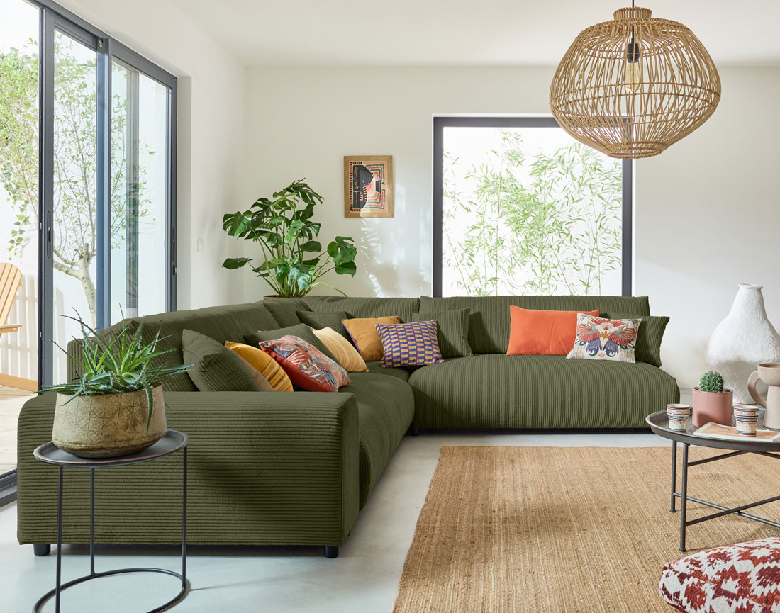 Canapé modulable d'angle droit 6 places en velours côtelé Garance