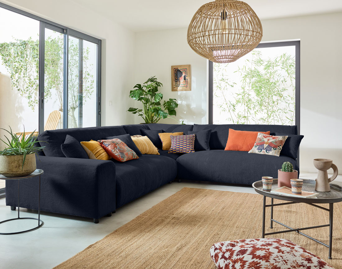 Canapé modulable d'angle droit 6 places en velours côtelé Garance