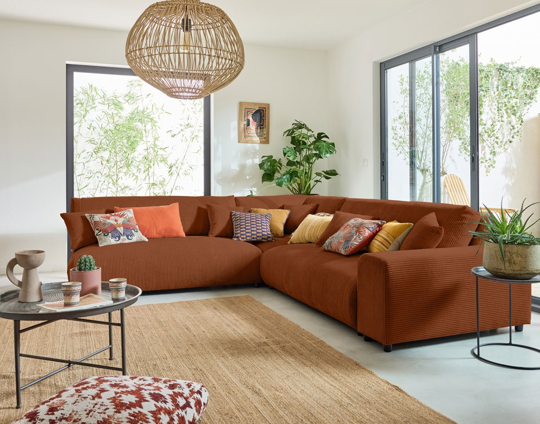 Canapé modulable d'angle gauche 6 places en velours côtelé Garance