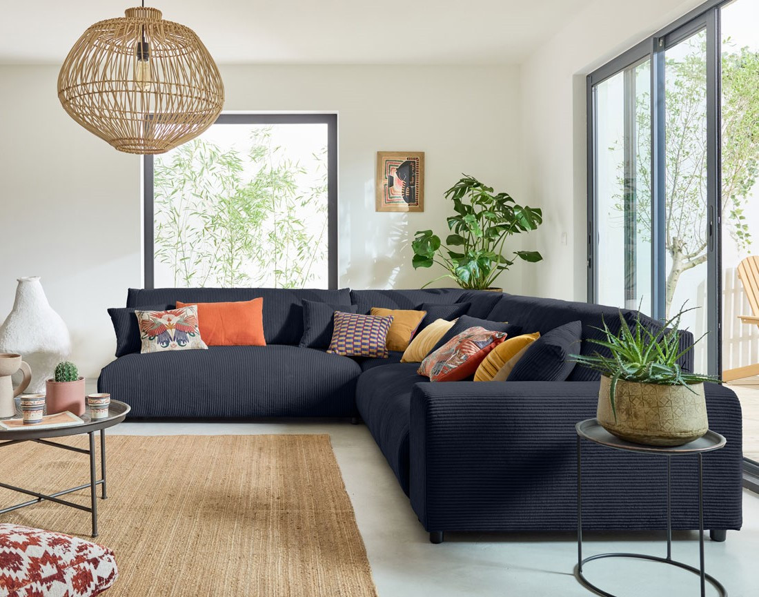 Canapé modulable d'angle gauche 6 places en velours côtelé Garance