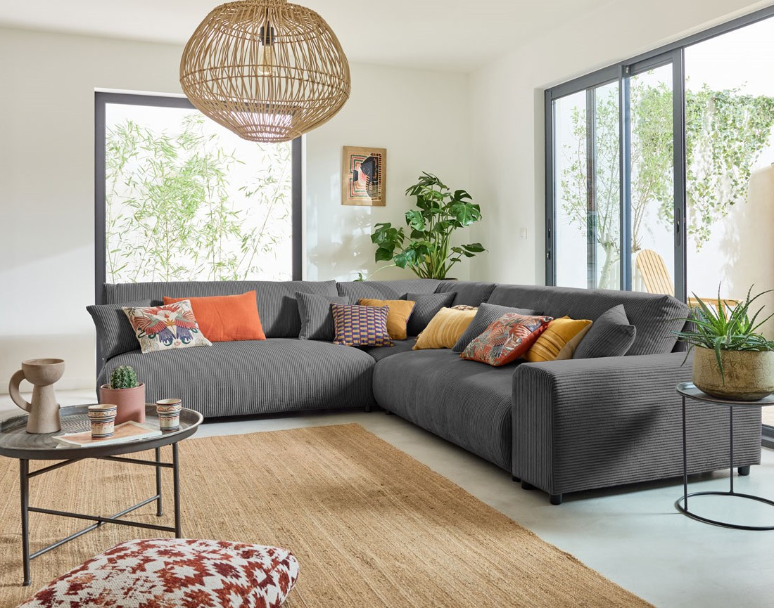 Canapé modulable d'angle gauche 6 places en velours côtelé Garance