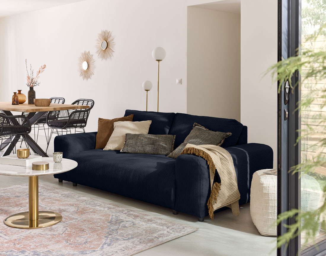 Canapé droit 3 places en velours côtelé Garance