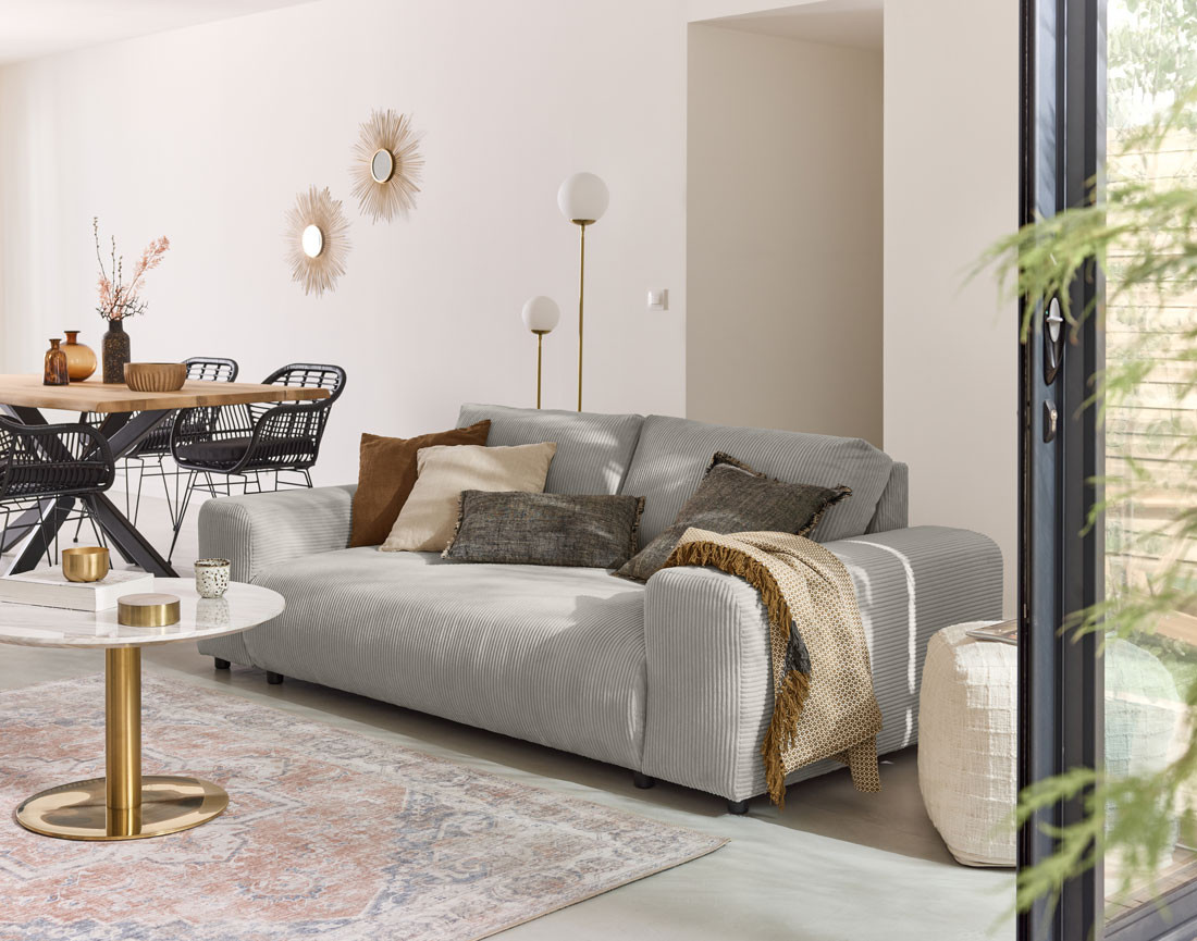 Canapé droit 3 places en velours côtelé Garance