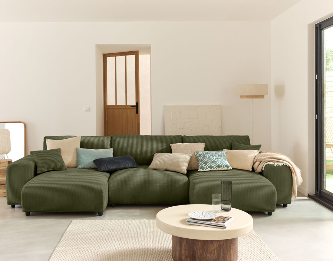 Canapé panoramique en U 7 places en velours côtelé Garance