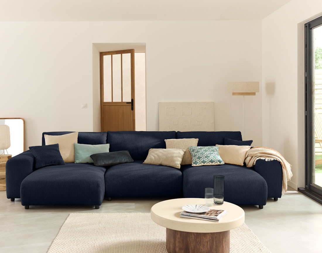 Canapé panoramique en U 7 places en velours côtelé Garance