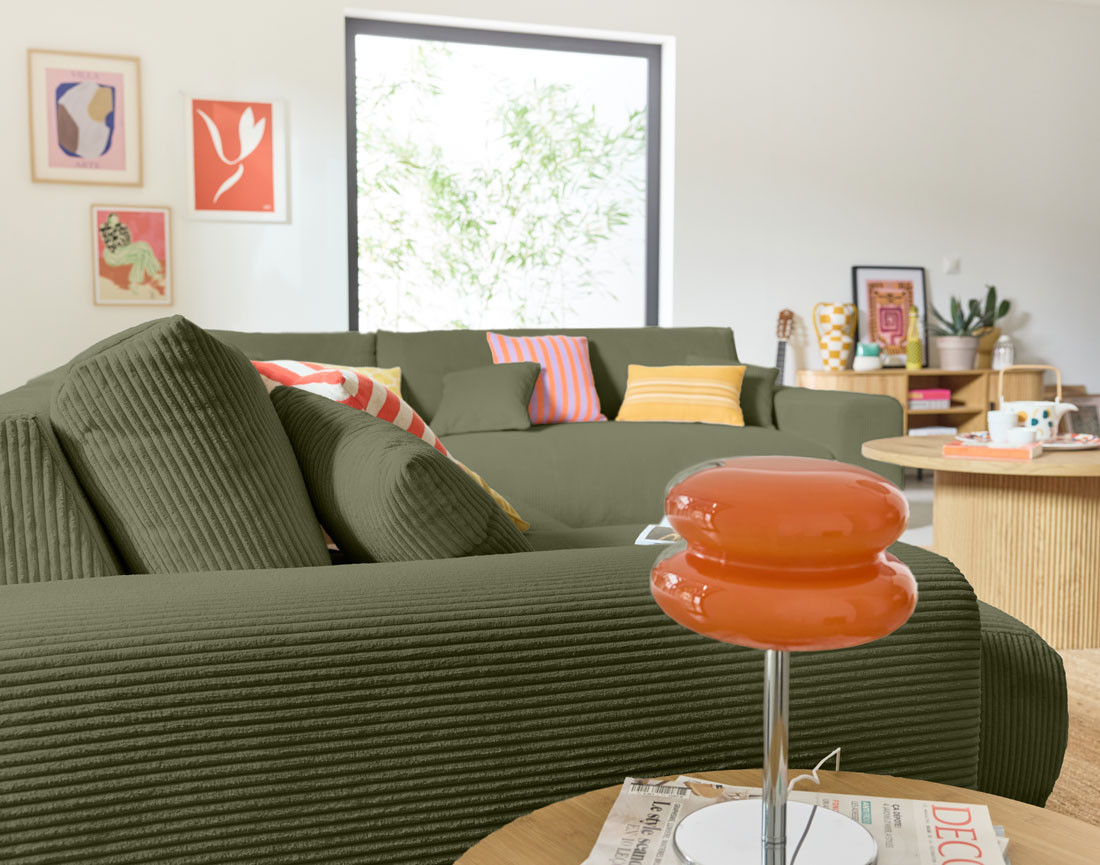 Canapé modulable d'angle droit 8 places en velours côtelé Garance