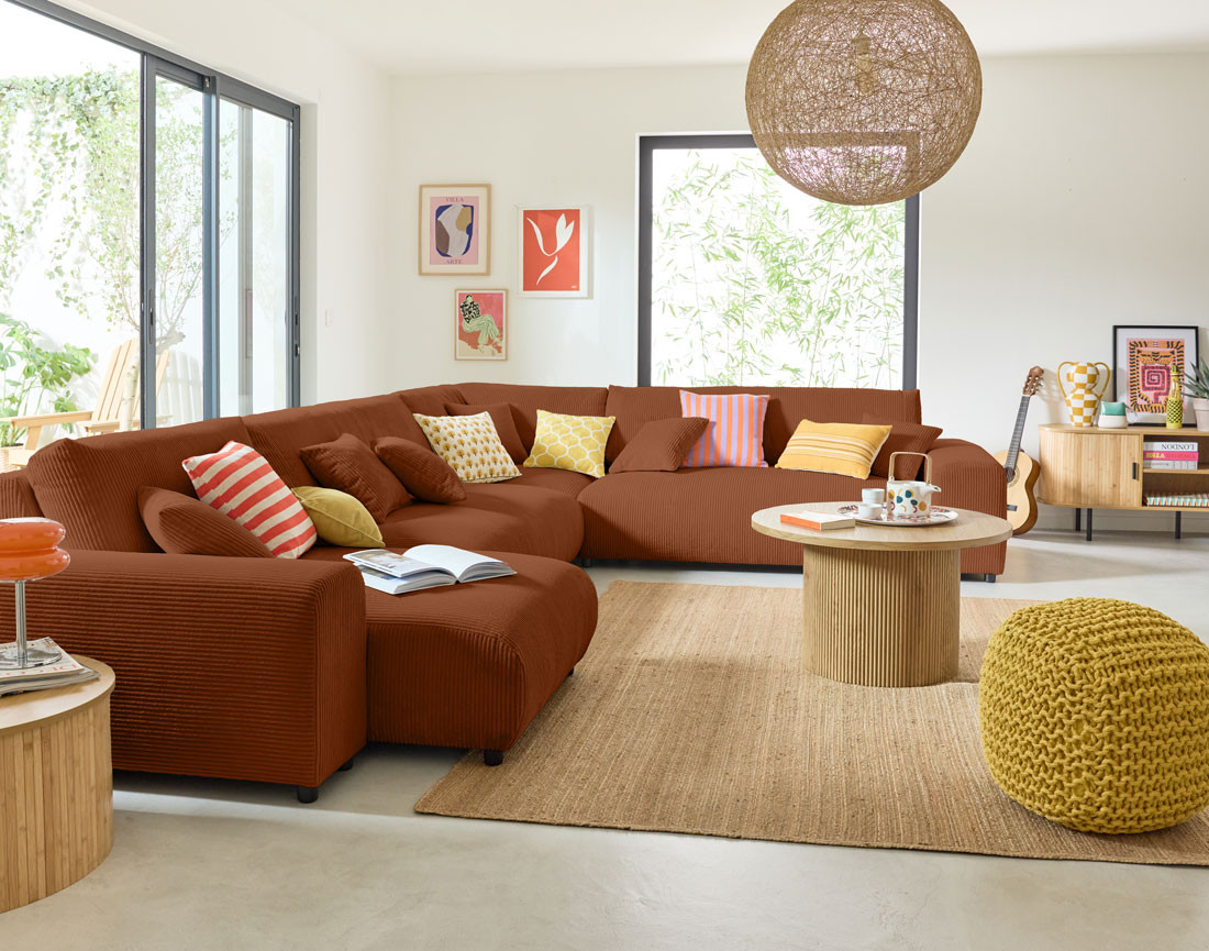 Canapé modulable d'angle droit 8 places en velours côtelé Garance