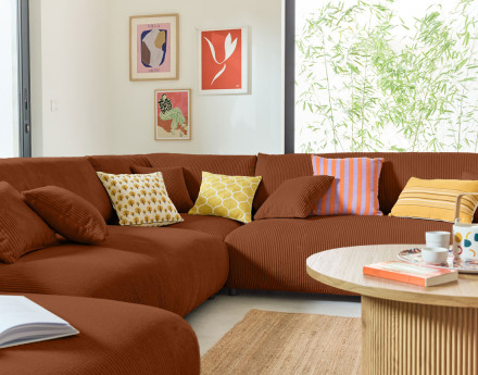 Canapé modulable d'angle droit 8 places en velours côtelé Garance