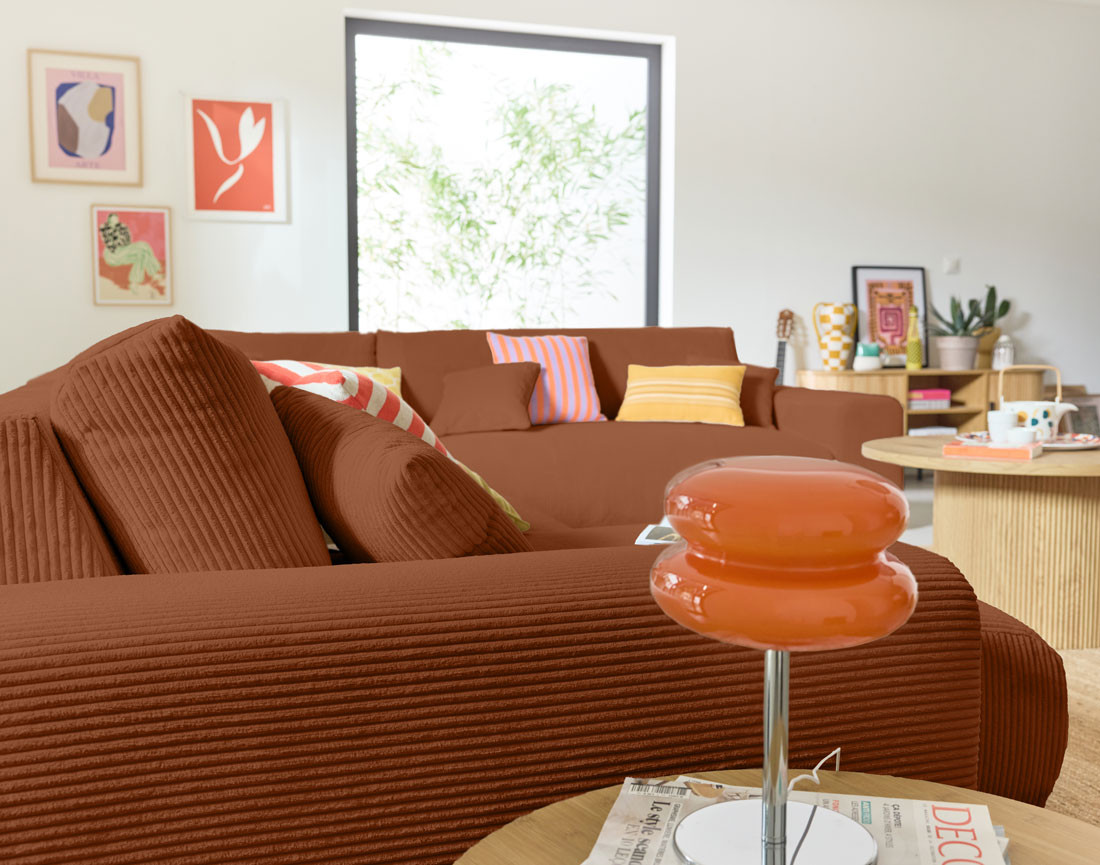 Canapé modulable d'angle droit 8 places en velours côtelé Garance