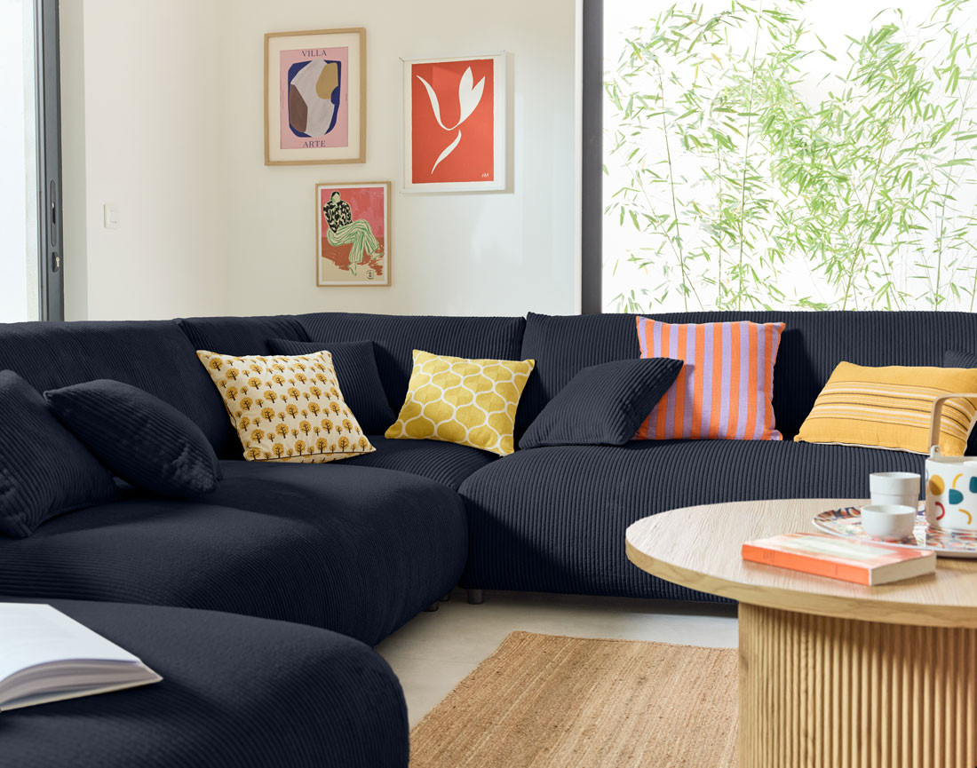 Canapé modulable d'angle droit 8 places en velours côtelé Garance