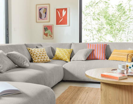 Canapé modulable d'angle droit 8 places en velours côtelé Garance