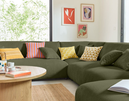 Canapé modulable d'angle gauche 8 places en velours côtelé Garance