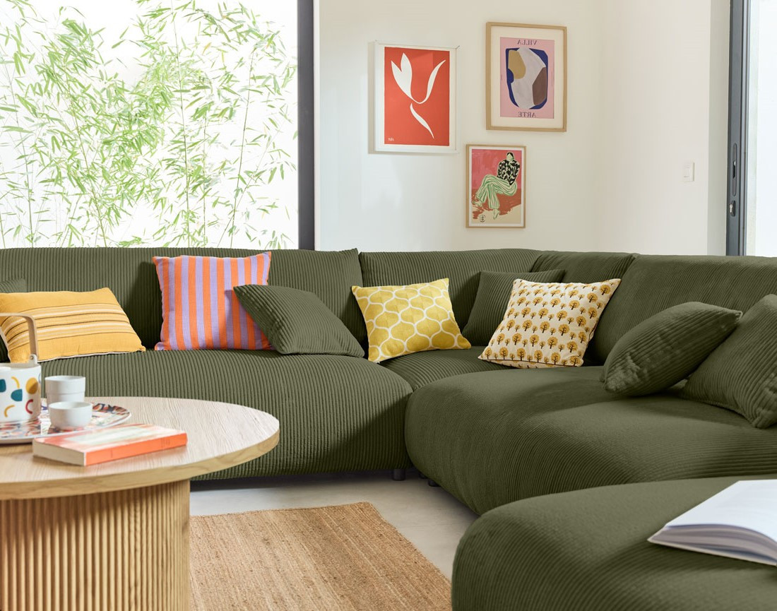 Canapé modulable d'angle gauche 8 places en velours côtelé Garance