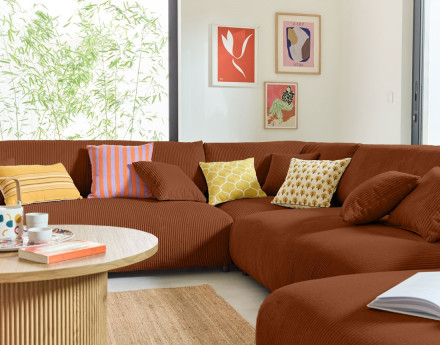 Canapé modulable d'angle gauche 8 places en velours côtelé Garance