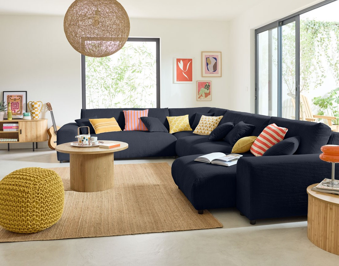 Canapé modulable d'angle gauche 8 places en velours côtelé Garance