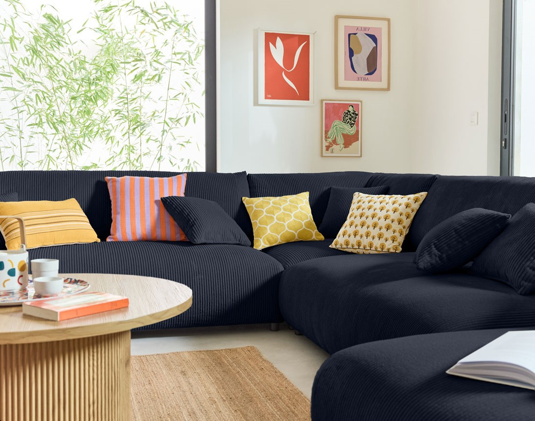 Canapé modulable d'angle gauche 8 places en velours côtelé Garance