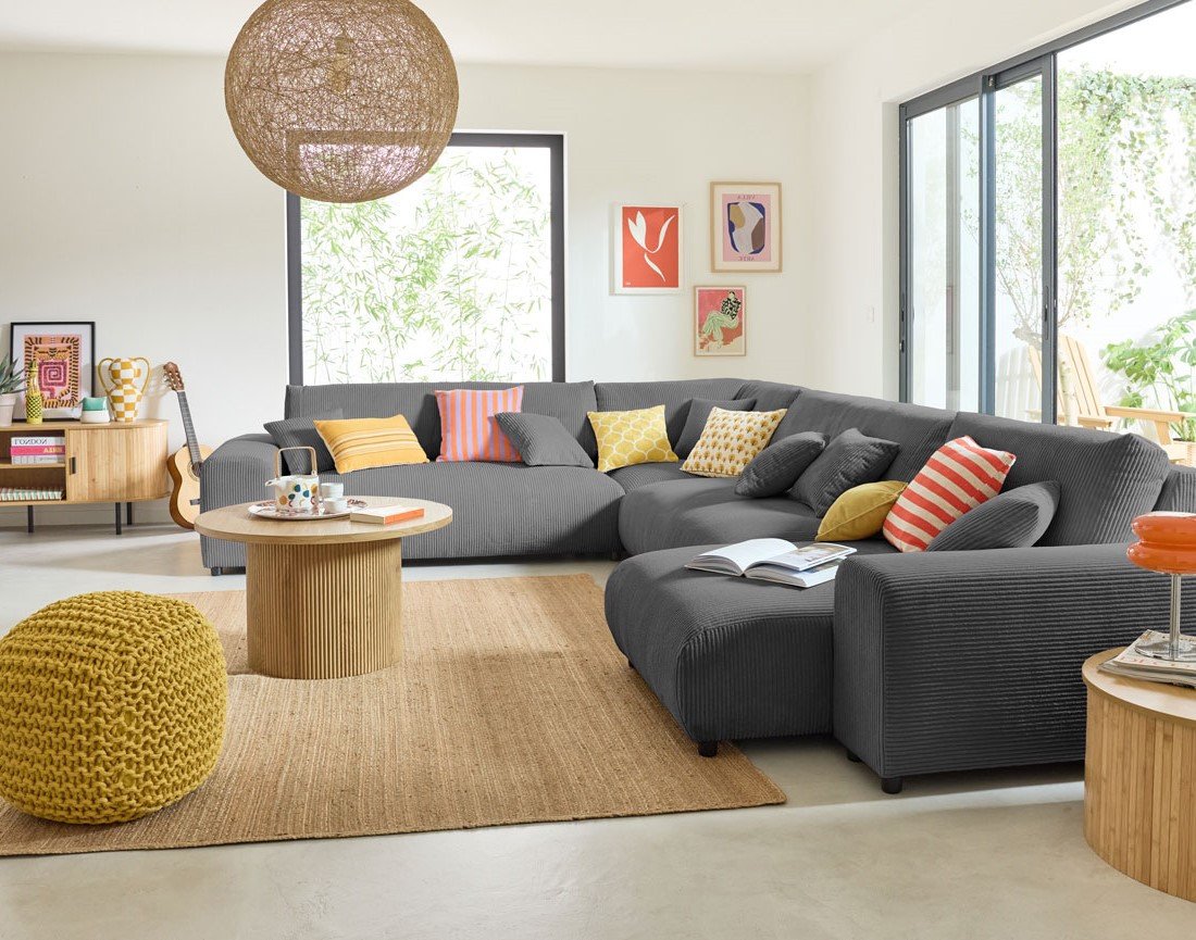 Canapé modulable d'angle gauche 8 places en velours côtelé Garance