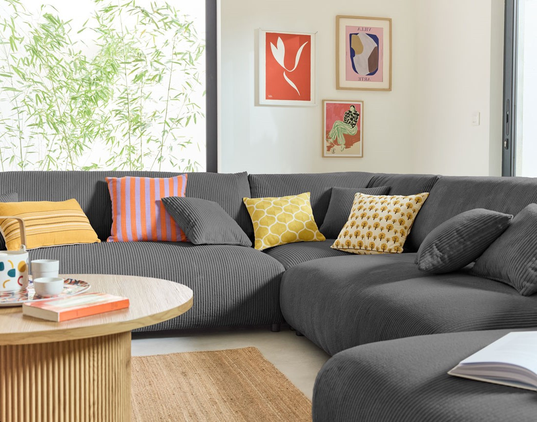 Canapé modulable d'angle gauche 8 places en velours côtelé Garance