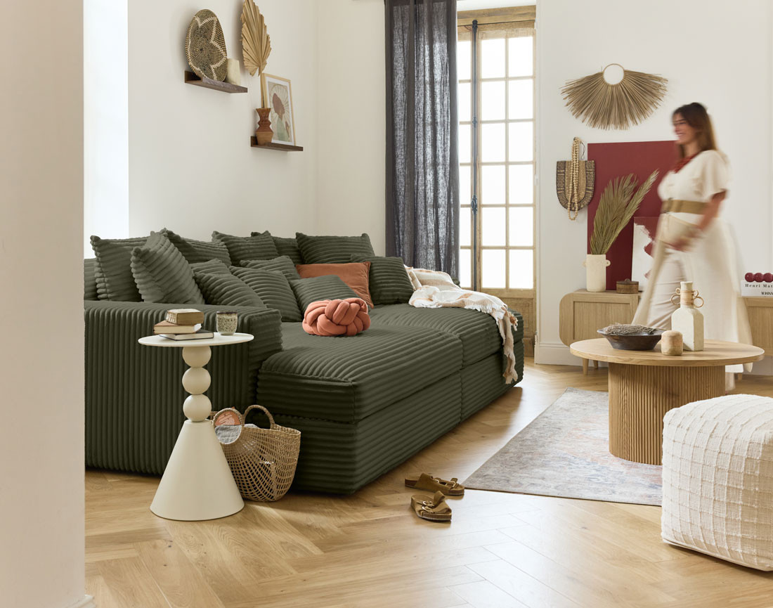 Canapé 4 places avec double méridienne en velours côtelé grosses côtes Collins