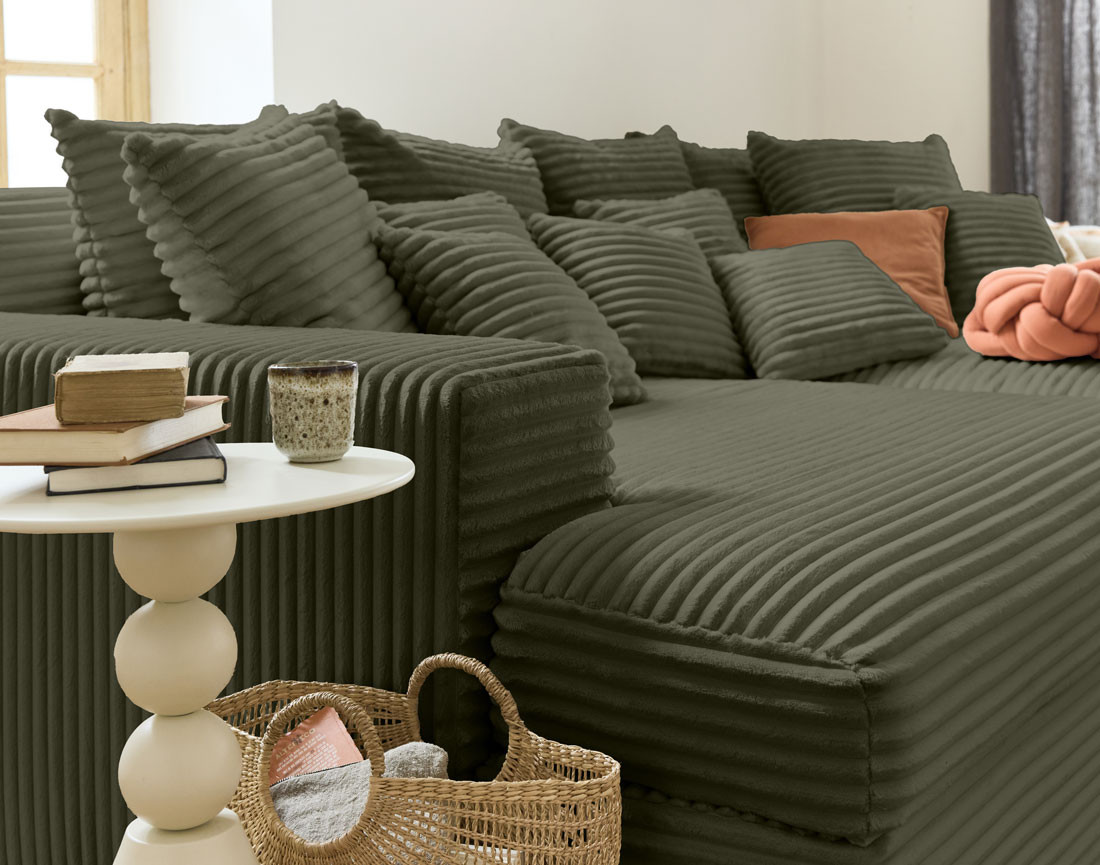 Canapé 4 places avec double méridienne en velours côtelé grosses côtes Collins