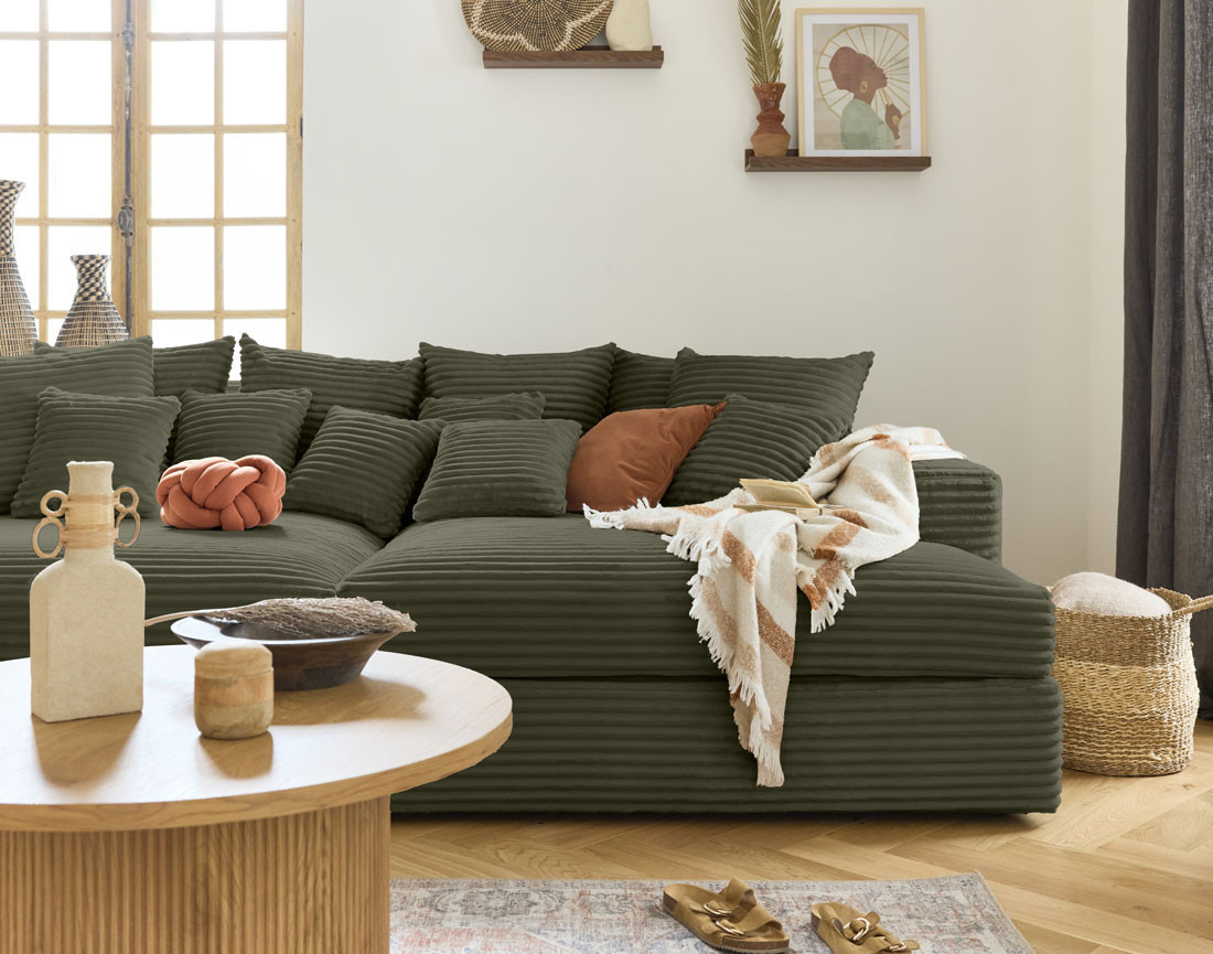 Canapé 4 places avec double méridienne en velours côtelé grosses côtes Collins