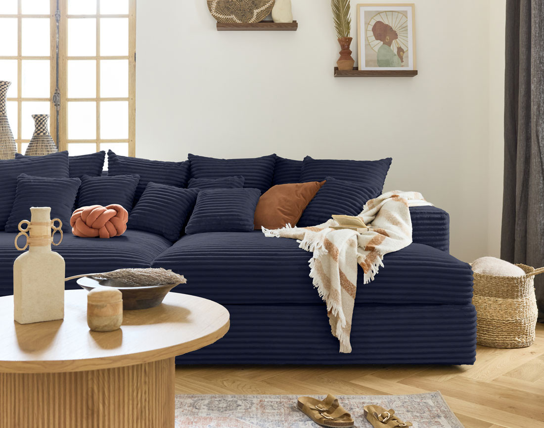 Canapé 4 places avec double méridienne en velours côtelé grosses côtes Collins