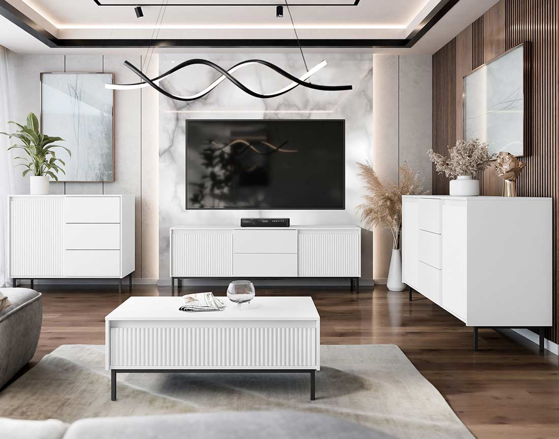 Buffet bas blanc 3 tiroirs et 2 portes 153 cm Girona