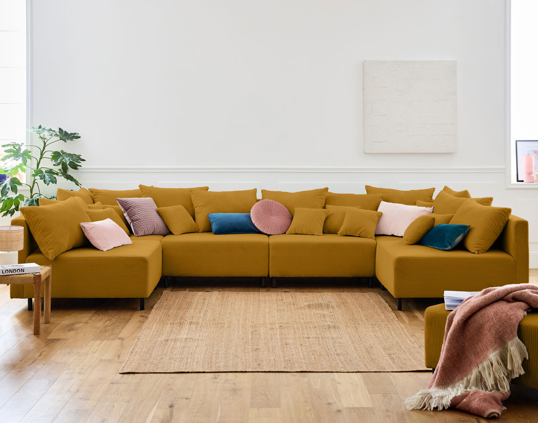 Canapé panoramique modulable 6 places en velours côtelé Edinburg