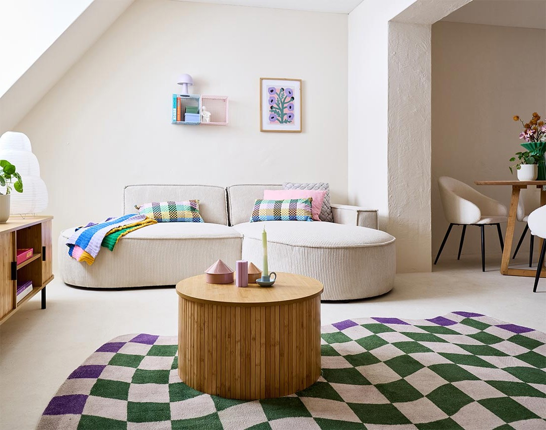 Canapé d'angle droit aux formes arrondies 4 places en velours côtelé Spiaggia Canapé d'angle droit aux formes arrondies 4 places en velours côtelé Spiaggia