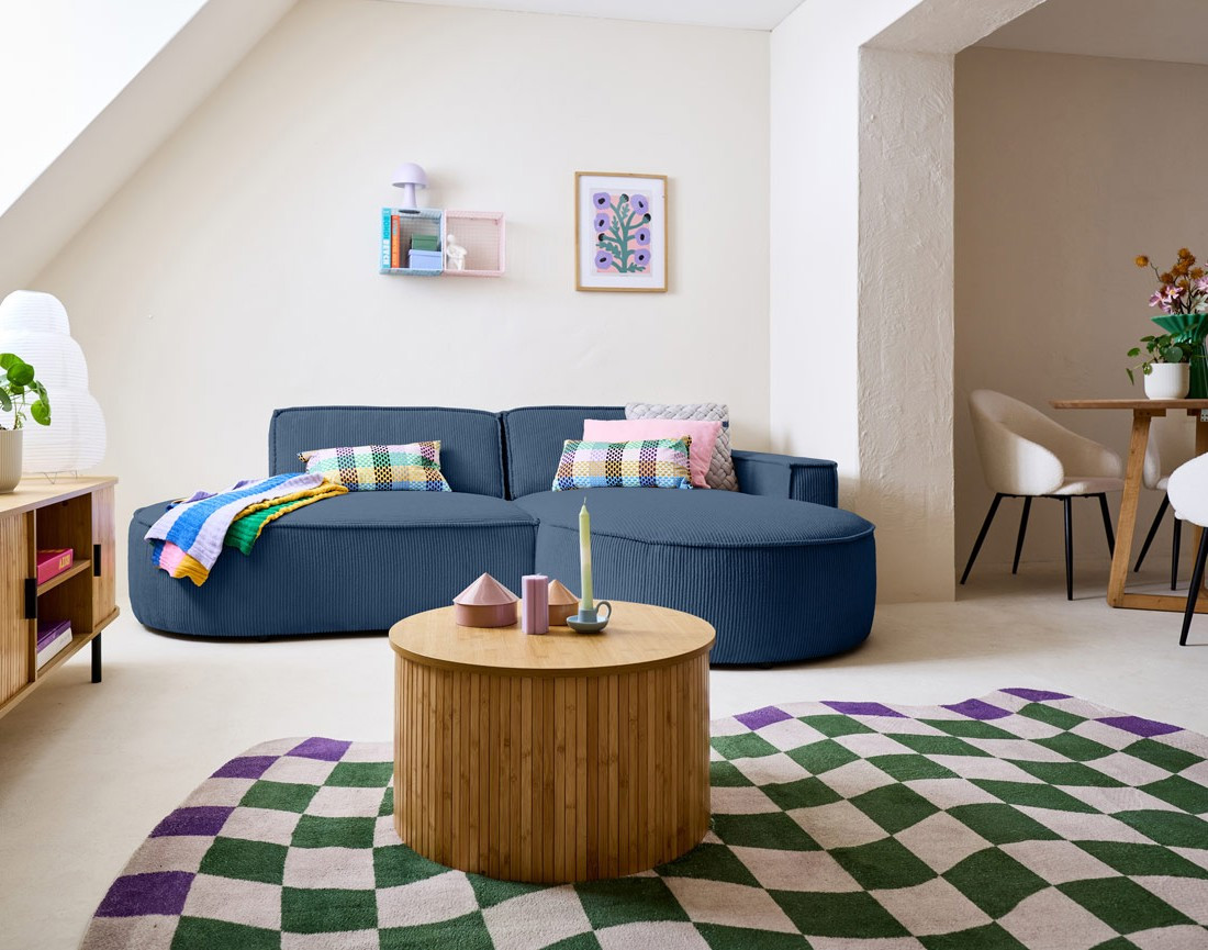 Canapé d'angle droit aux formes arrondies 4 places en velours côtelé Spiaggia