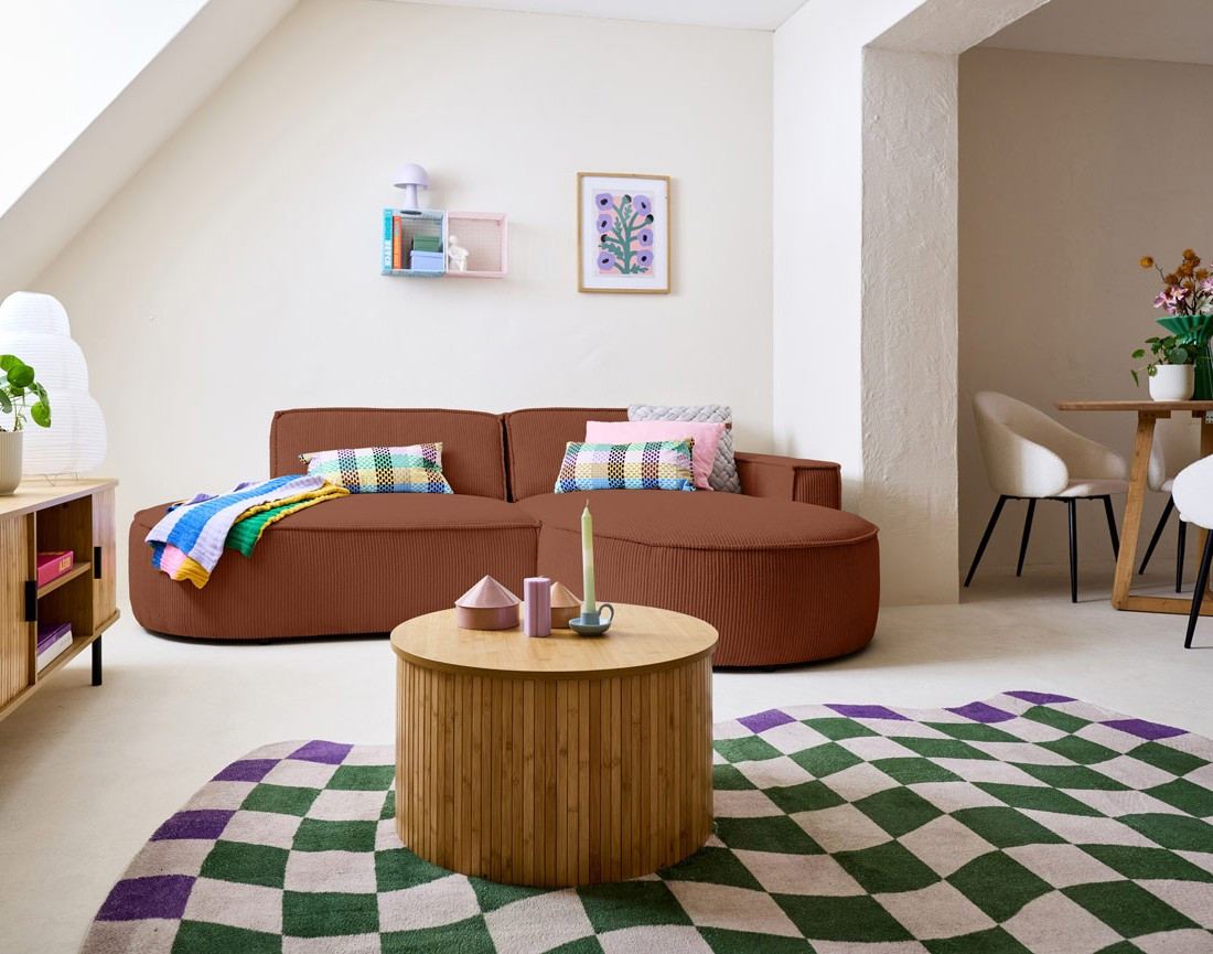 Canapé d'angle droit aux formes arrondies 4 places en velours côtelé Spiaggia