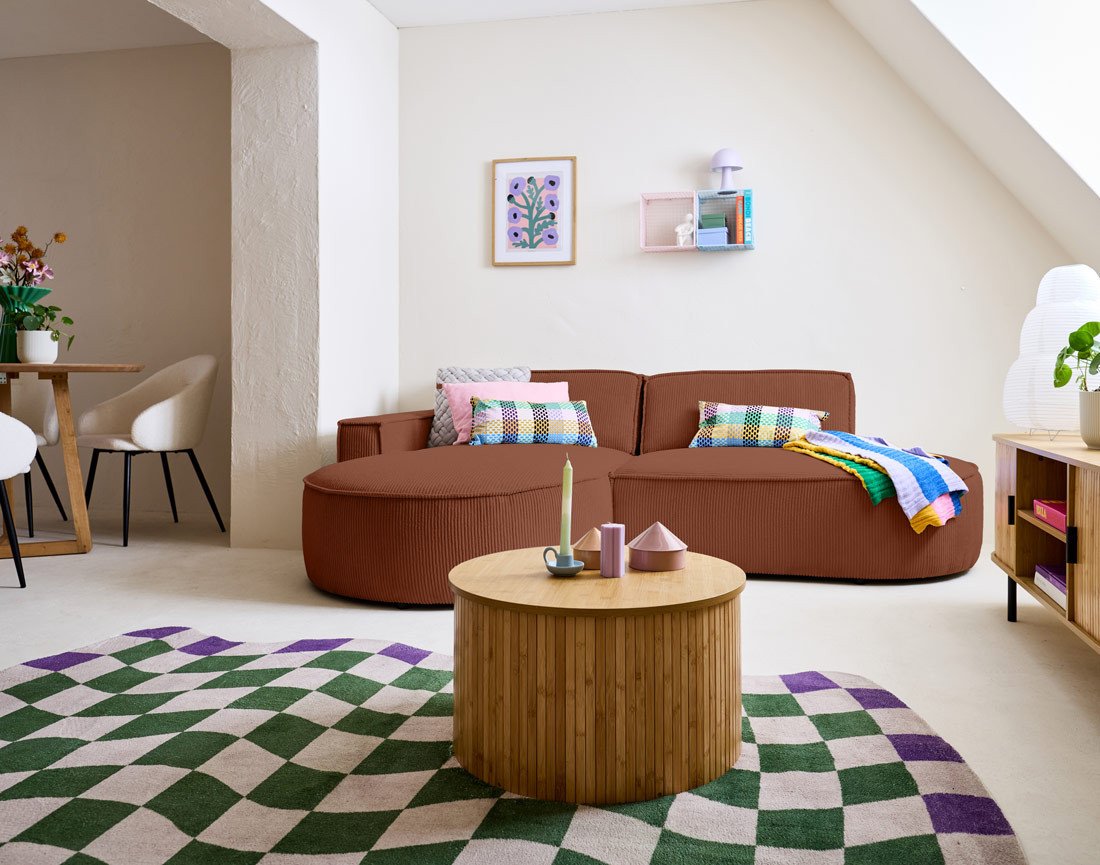 Canapé d'angle gauche aux formes arrondies 4 places en velours côtelé Spiaggia