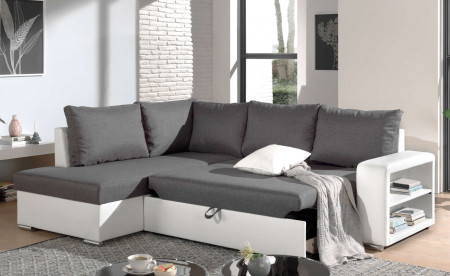 Athena - Canapé d'angle convertible - avec coffre et étagère - en simili et tissu - Gauche Athena - Canapé d'angle convertible - avec coffre et étagère - en simili et tissu - Gauche