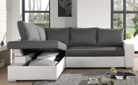 Athena - Canapé d'angle convertible - avec coffre et étagère - en simili et tissu - Gauche Athena - Canapé d'angle convertible - avec coffre et étagère - en simili et tissu - Gauche