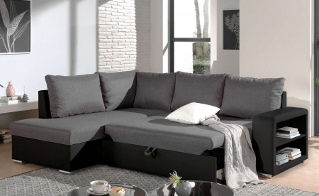Athena - Canapé d'angle convertible - avec coffre et étagère - en simili et tissu - Gauche Athena - Canapé d'angle convertible - avec coffre et étagère - en simili et tissu - Gauche