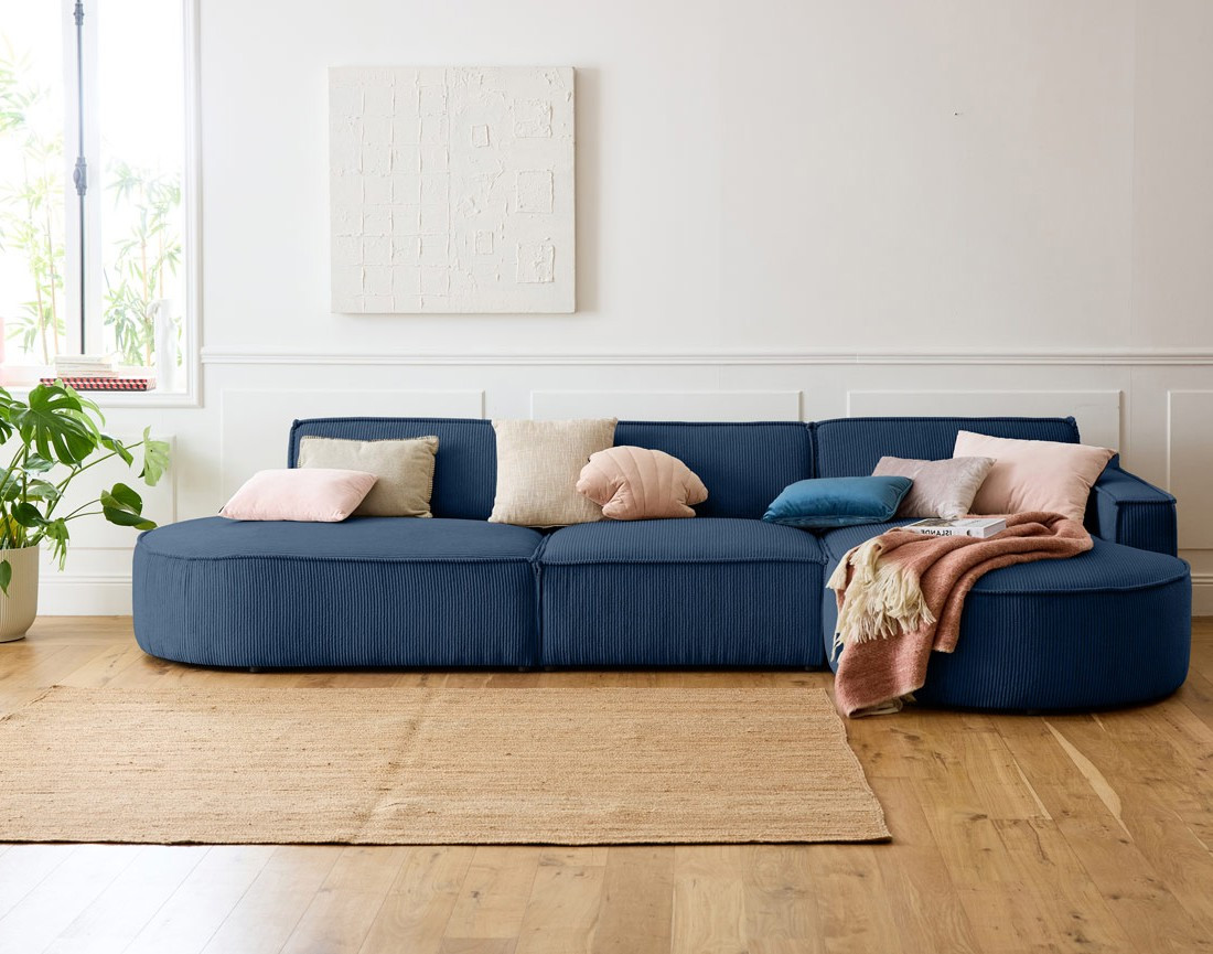 Canapé d'angle droit aux formes arrondies 5 places en velours côtelé Spiaggia