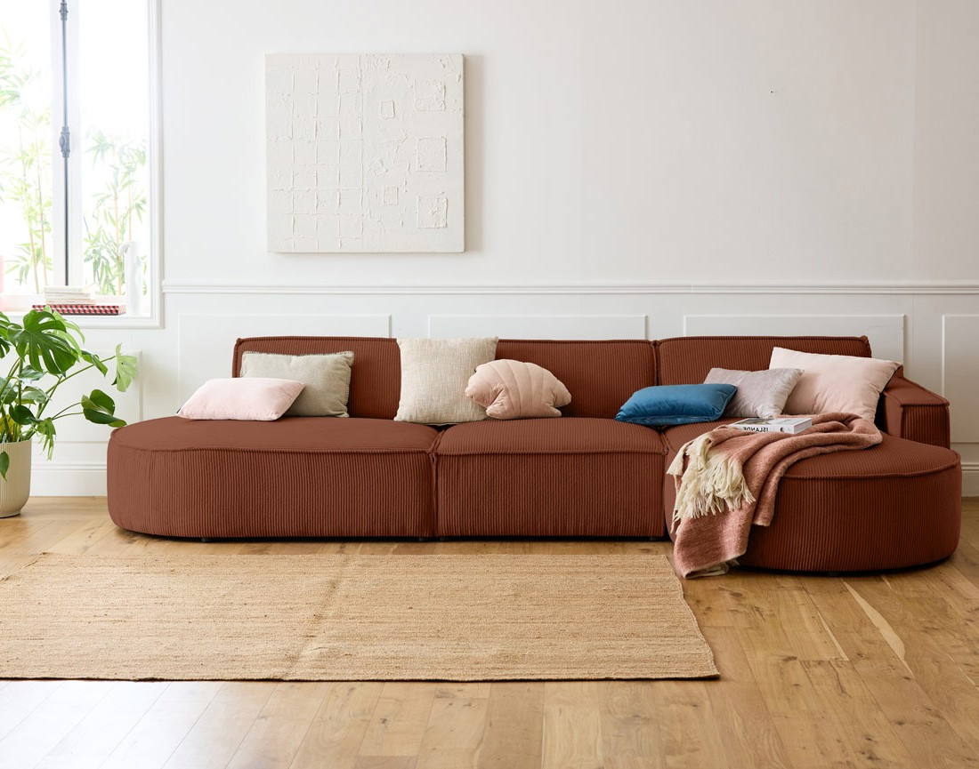 Canapé d'angle droit aux formes arrondies 5 places en velours côtelé Spiaggia