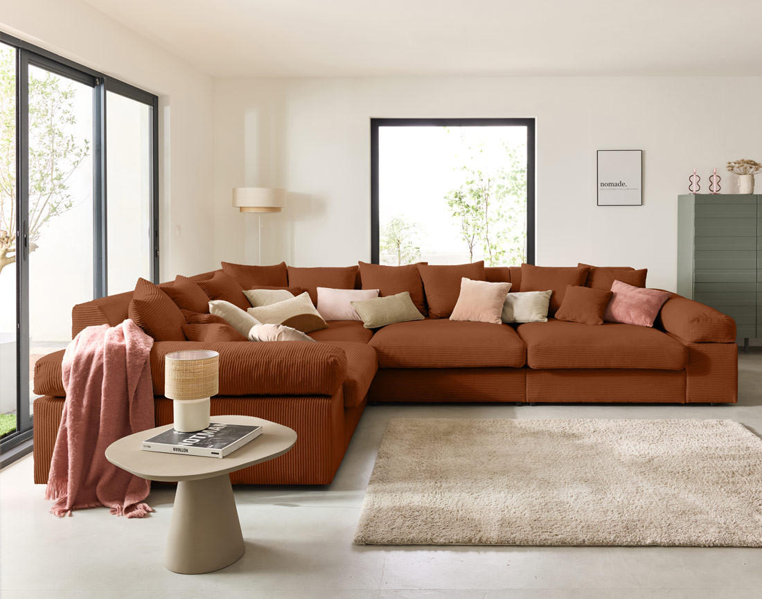 Canapé d'angle réversible 5 places avec assise profonde en velours côtelé Aspen