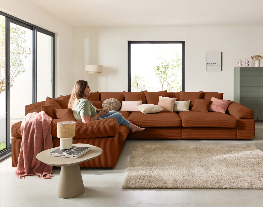 Canapé d'angle réversible 5 places avec assise profonde en velours côtelé Aspen