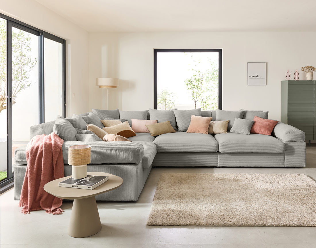 Canapé d'angle réversible 5 places avec assise profonde en velours côtelé Aspen