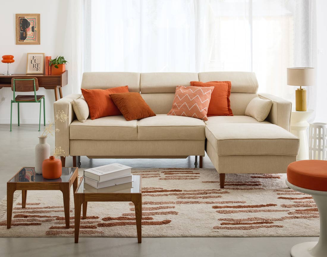 Canapé d'angle convertible avec têtières coffre 4 places Alicante