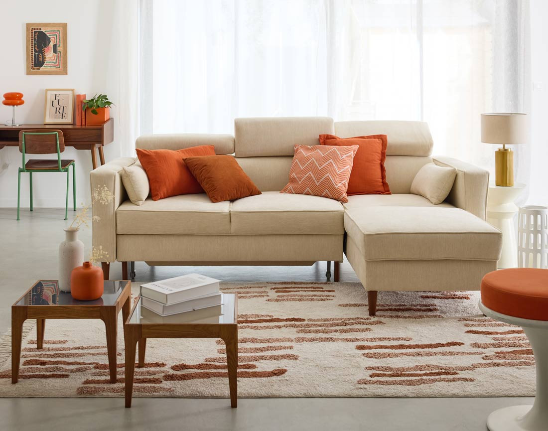 Canapé d'angle convertible avec têtières coffre 4 places Alicante