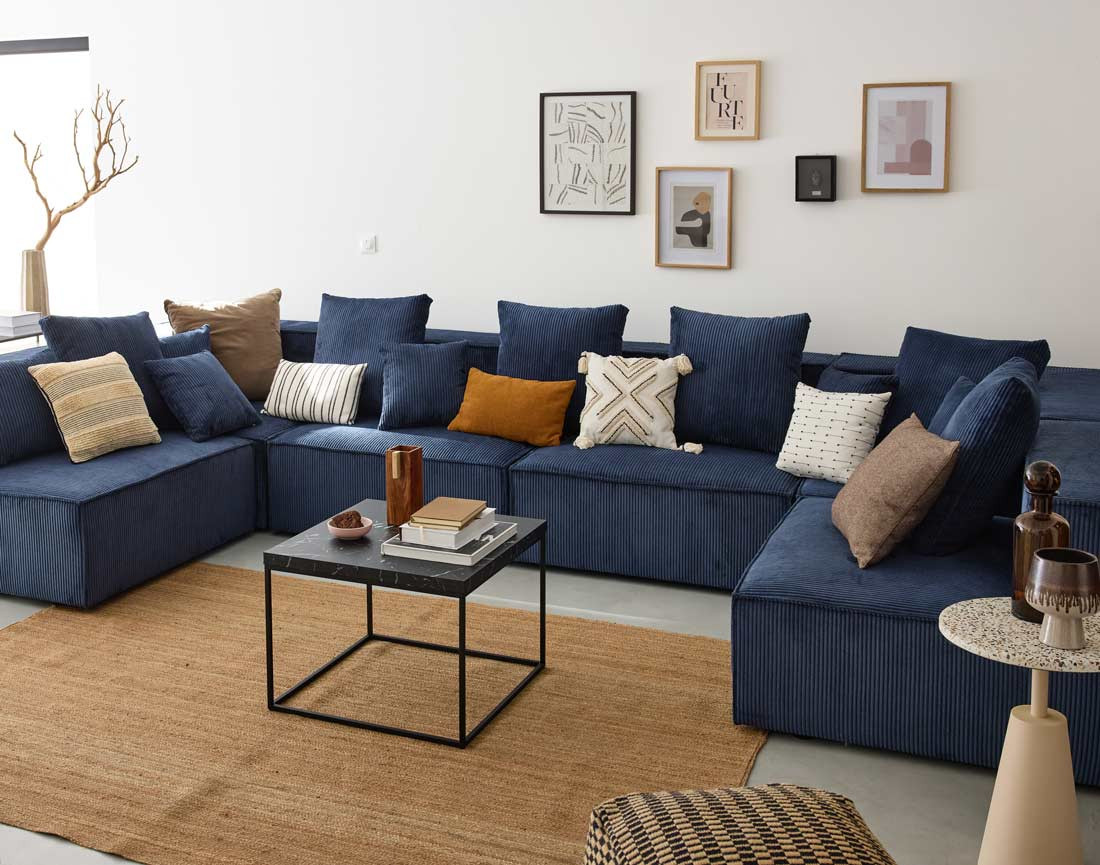 Canapé modulable panoramique 7 places en velours côtelé Colombine