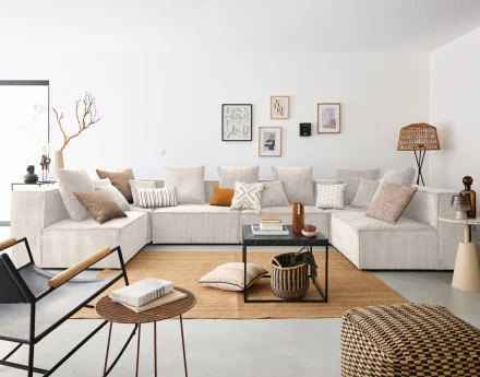 Canapé modulable panoramique 7 places en velours côtelé Colombine