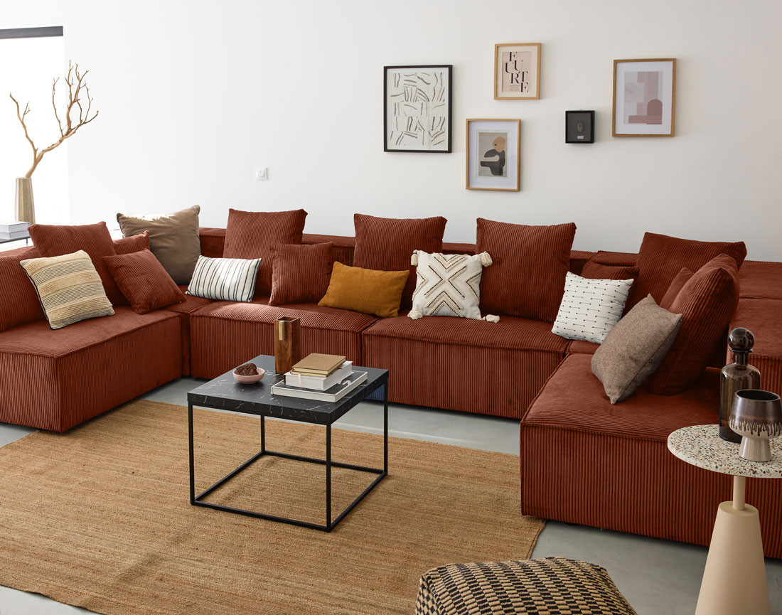 Canapé modulable panoramique 7 places en velours côtelé Colombine