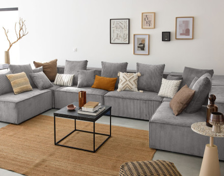 Canapé modulable panoramique 7 places en velours côtelé Colombine